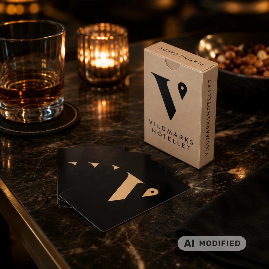 Vildmarkshotellets kortl&aring;da med svarta spelkort, whisky och ljus p&aring; m&ouml;rkt marmorbord, bilden &auml;r AI-modifierad.